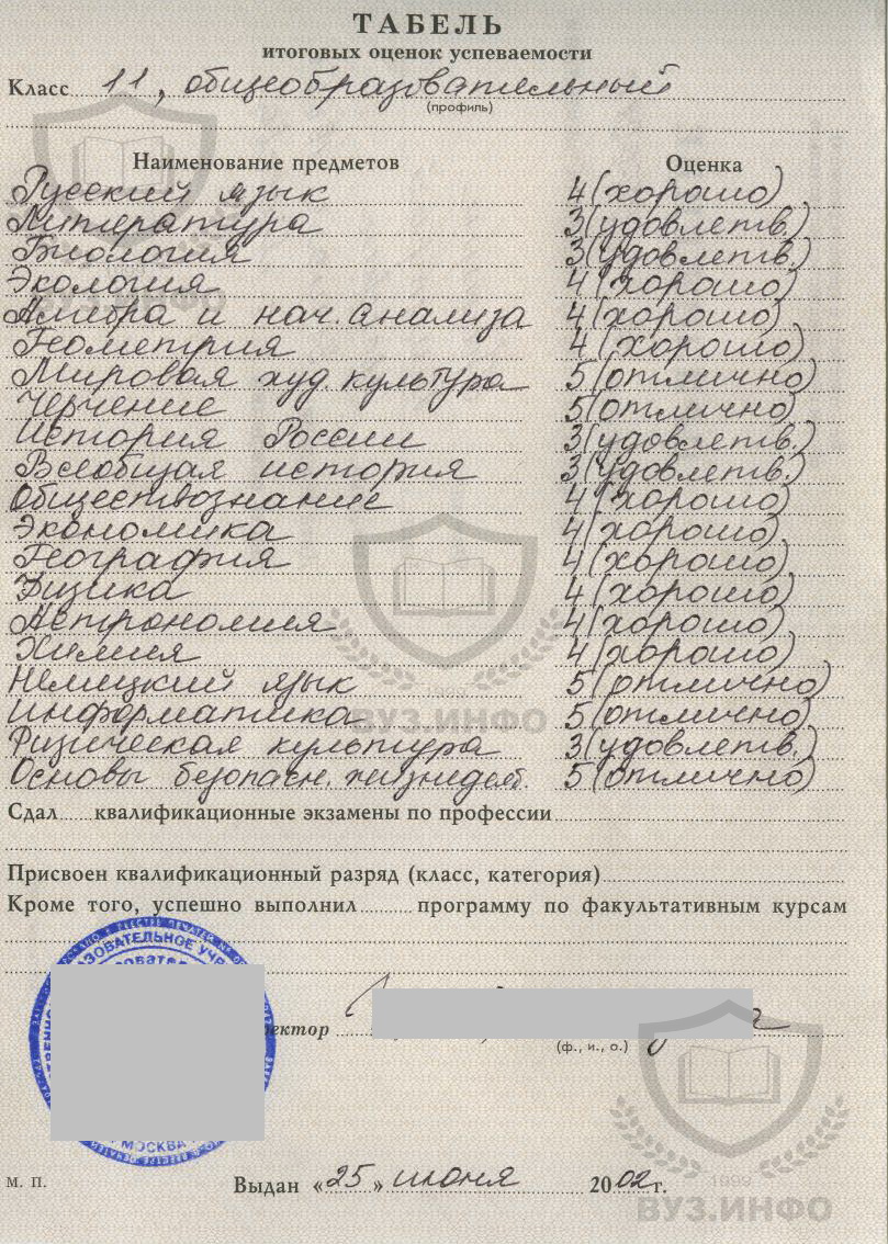 Табель к аттестату 2002 года московской школы №490